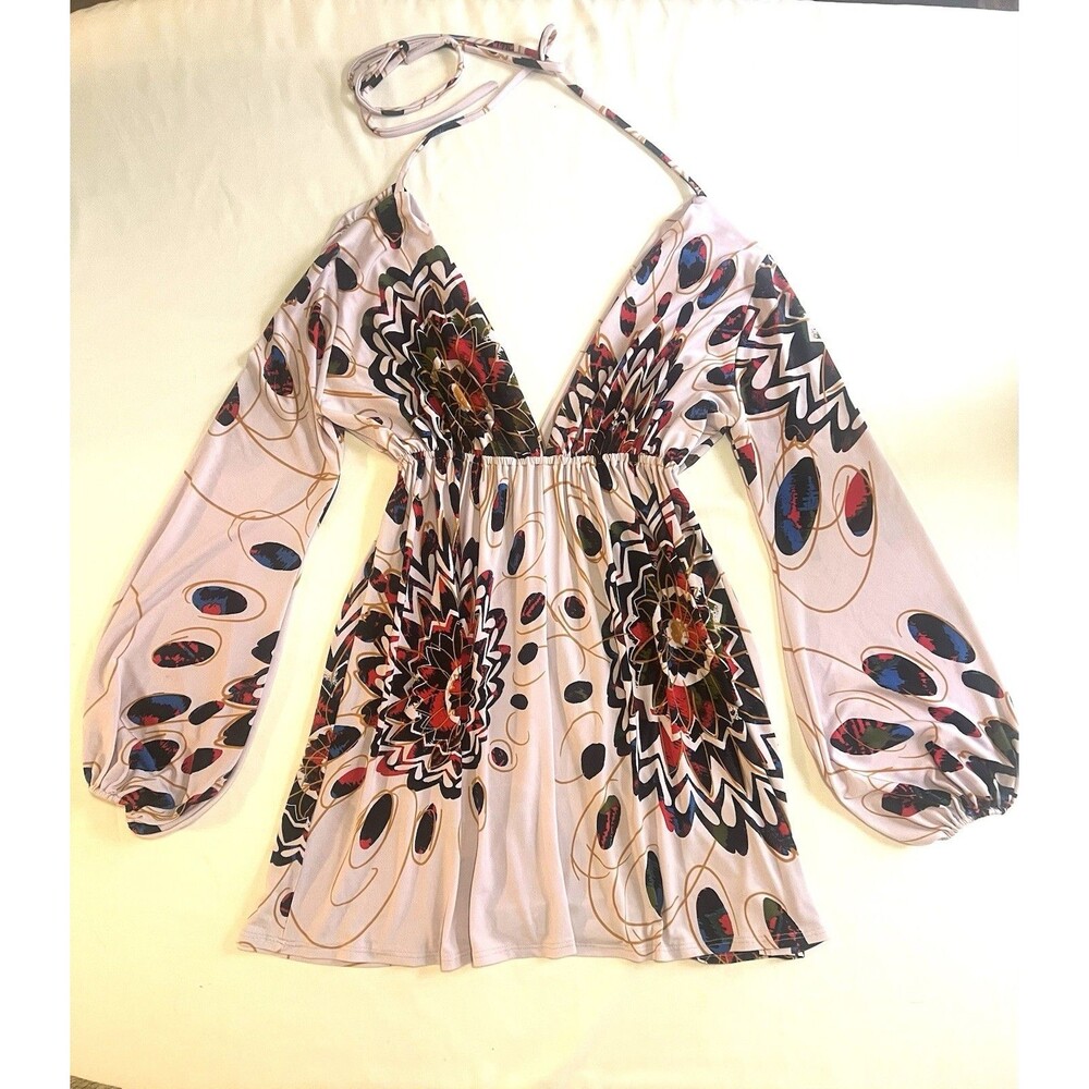 Unaluna Boho Mini Dress S Pink Print Long Sleeve Plunge Neck Flowy Festival Y2K - Picture 3 of 4